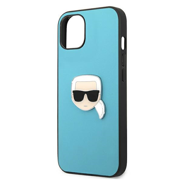 Hülle KARL LAGERFELD Apple iPhone 13 Mini Leder Iconic Karl`s Head Metall Blau Hardcase